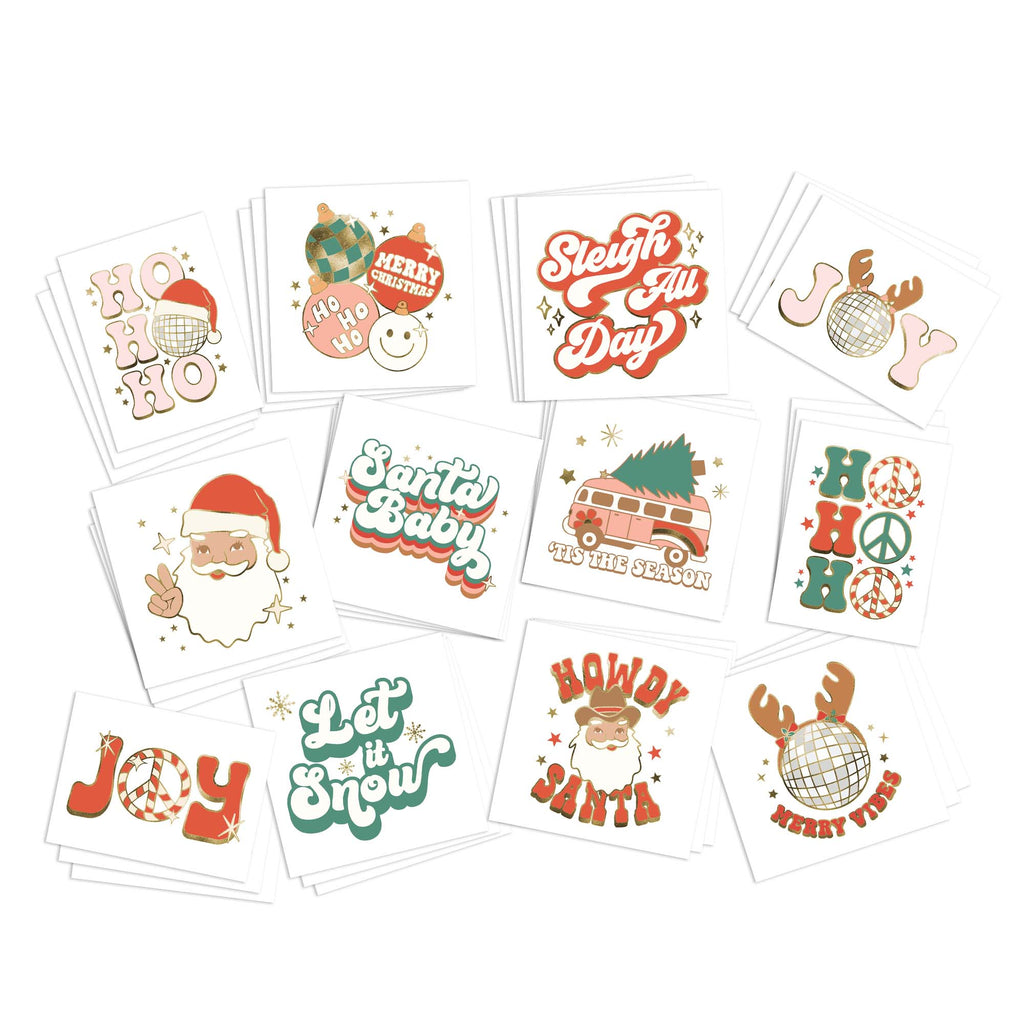 Retro Christmas Temporary Tattoos | Pack of 36 | Full Color with Gold Metallic Highlights | Skin Safe | Stocking Stuffer Party Favors