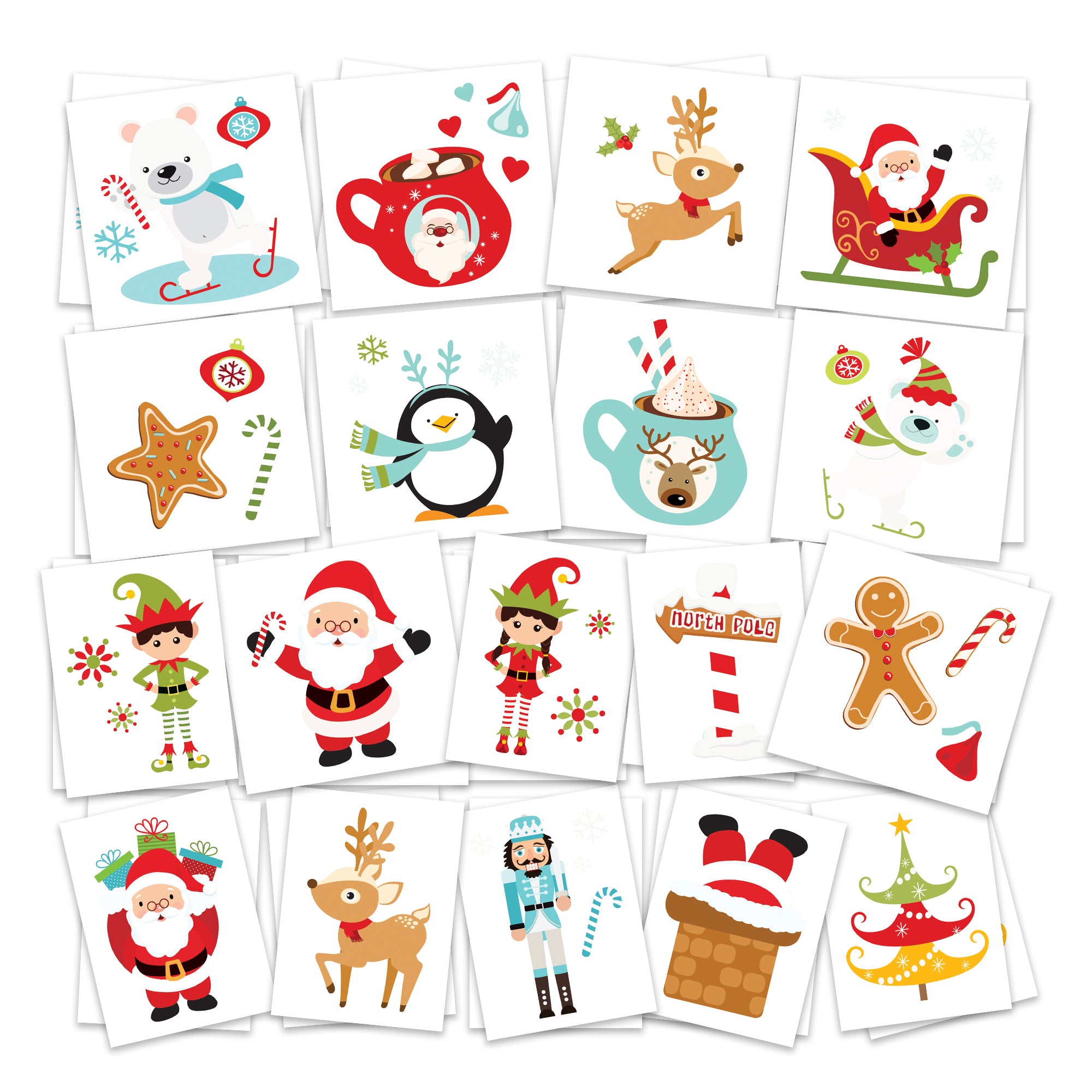 Christmas Holiday Temporary Tattoos / Santa - Reindeer - Elves - Nutcracker - Candy Canes & More / Pack of 36 / Stocking Stuffer