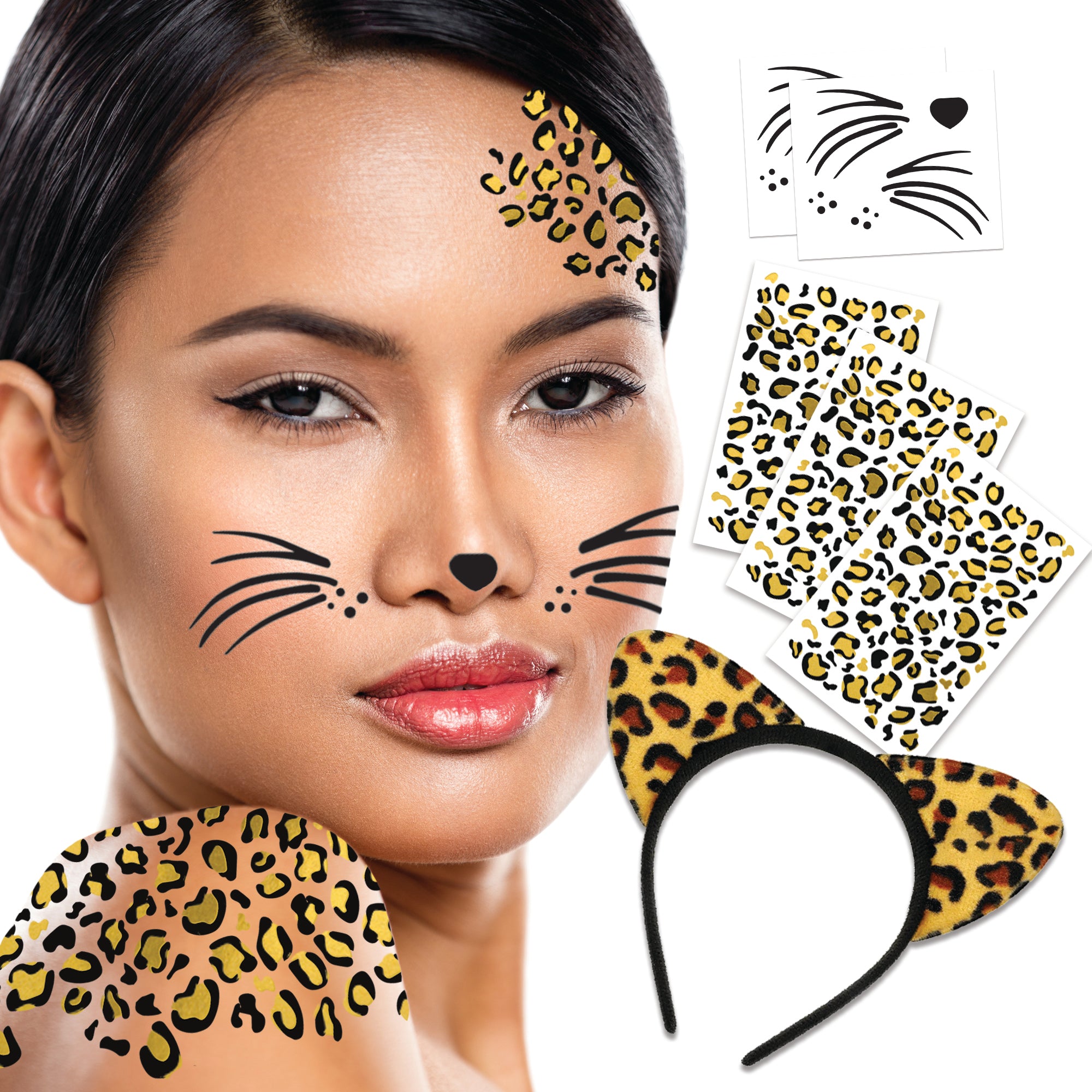 Leopard Temporary Tattoos & Fur Ears (Black & Gold Metallic) | Halloween Costume Tattoo Kit | Skin-Safe | MADE IN USA | Removable