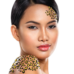 Leopard Temporary Tattoos & Fur Ears (Black & Gold Metallic) | Halloween Costume Tattoo Kit | Skin-Safe | MADE IN USA | Removable
