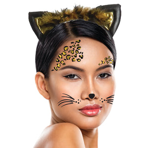 Deluxe Leopard Temporary Tattoos & Fur Ears (Black & Gold Metallic) | Halloween Costume Tattoo Kit | Skin-Safe | MADE IN USA | Removable