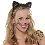 Deluxe Leopard Temporary Tattoos & Fur Ears (Black & Gold Metallic) | Halloween Costume Tattoo Kit | Skin-Safe | MADE IN USA | Removable