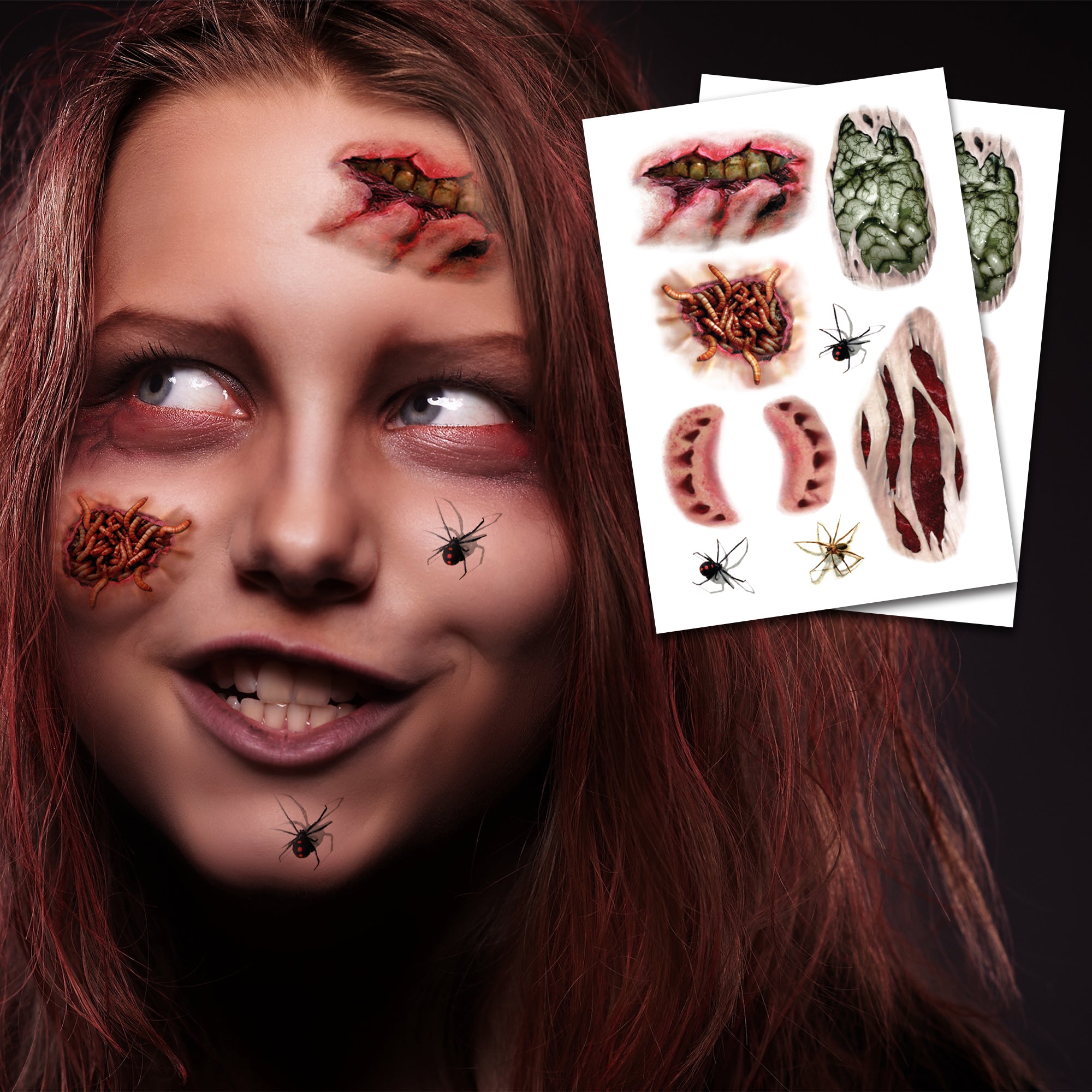 Zombie Temporary Tattoos | Pack of 2 | Halloween Costume Tattoo Kit | Skin-Safe | MADE IN USA | Removable